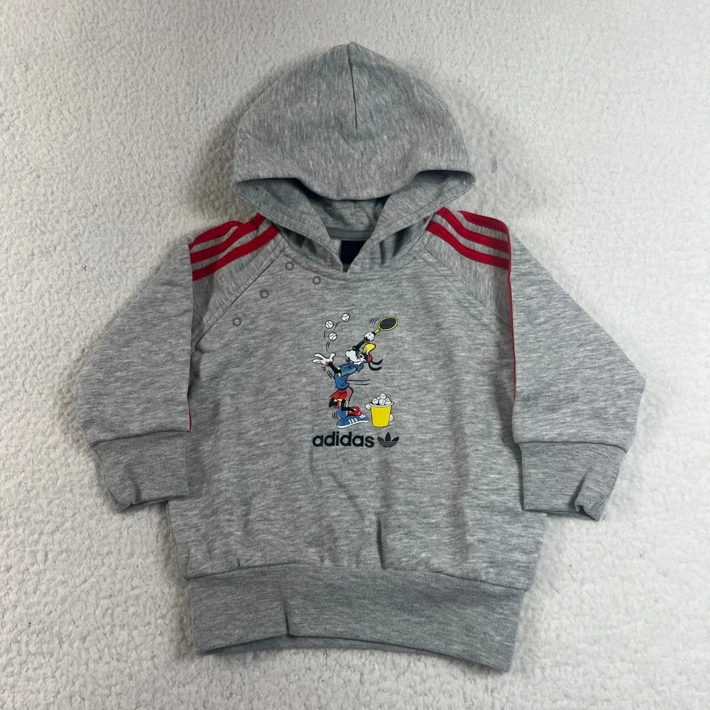 Adidas Hoodie‎ Kids 9M Gray Red Disney Goofy Tennis Graphic Pullover Vintage NWT